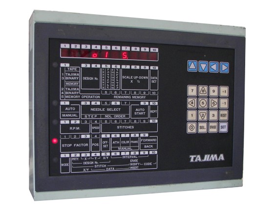 Tajima TME-HC control panel picture. This is an instruction manual and user manual with the basic functions of a Tajima embroidery machine.